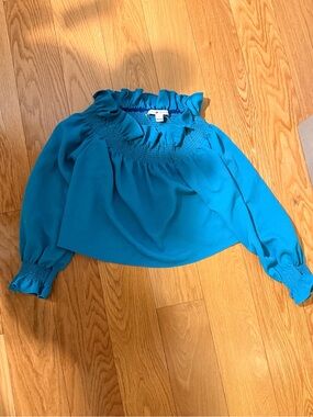 Diane Von Furstenberg Teal Off-Shoulder Ruffle Smocked Blouse